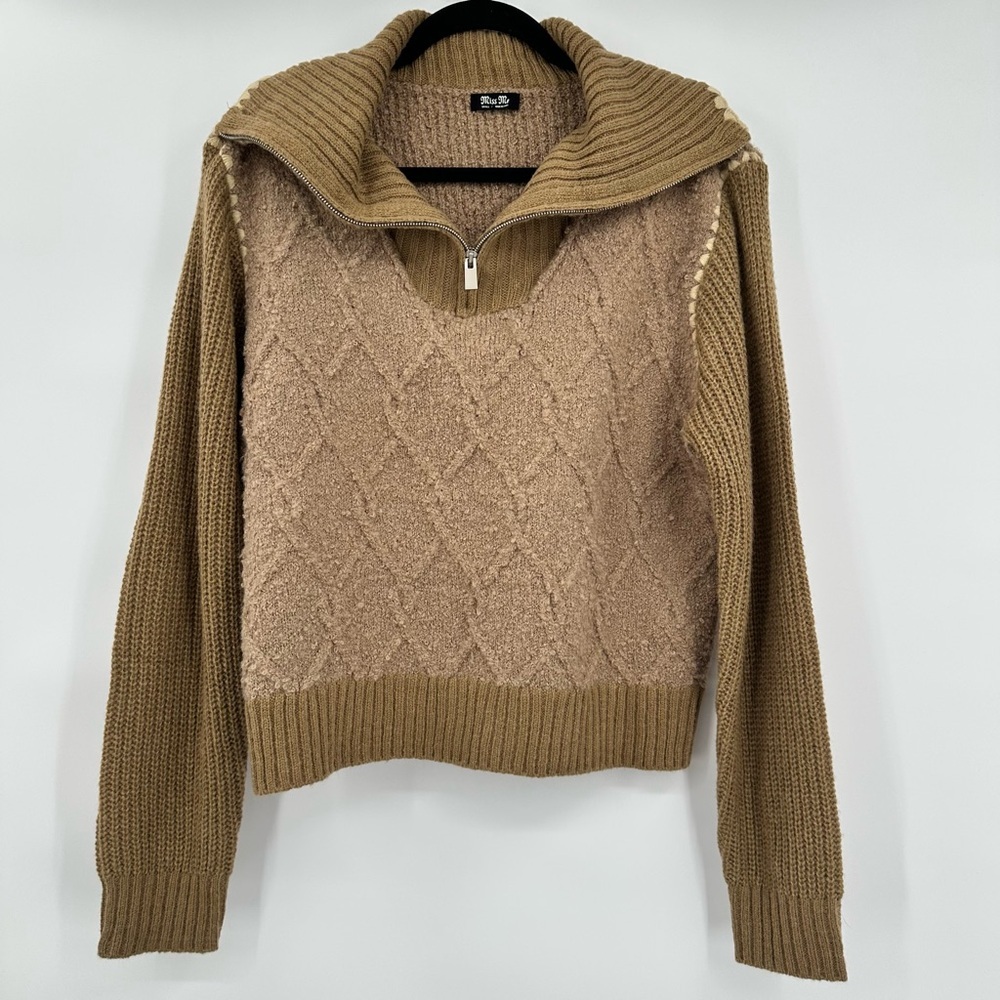 Miss Me 1/4‎ Zip Pullover Textured Cable Knit Brown Tan Sweater Size Small